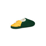 Angled view of dark green colored  slipper with yellow trim on a white background