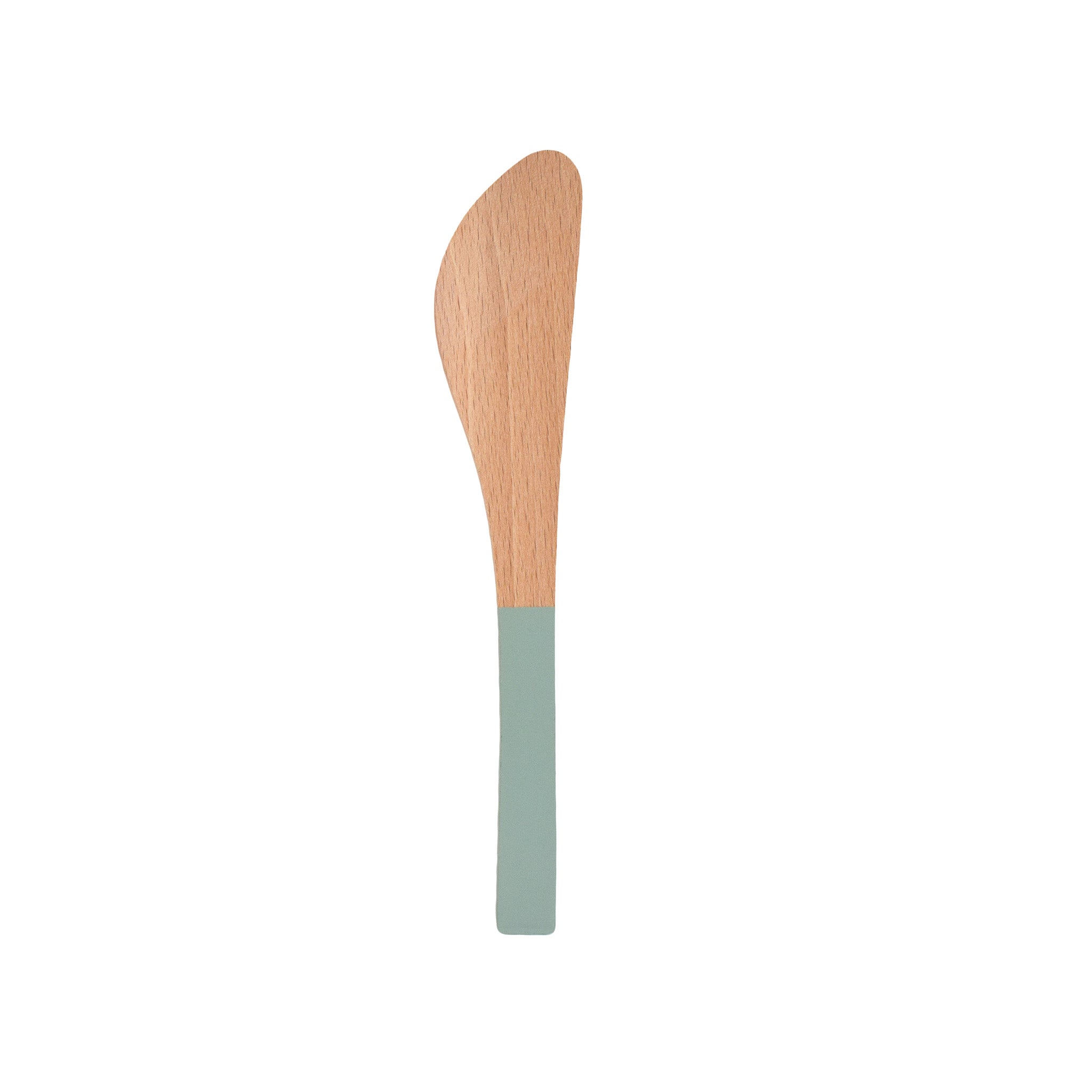 Wooden butter knife with a green handle on a white background