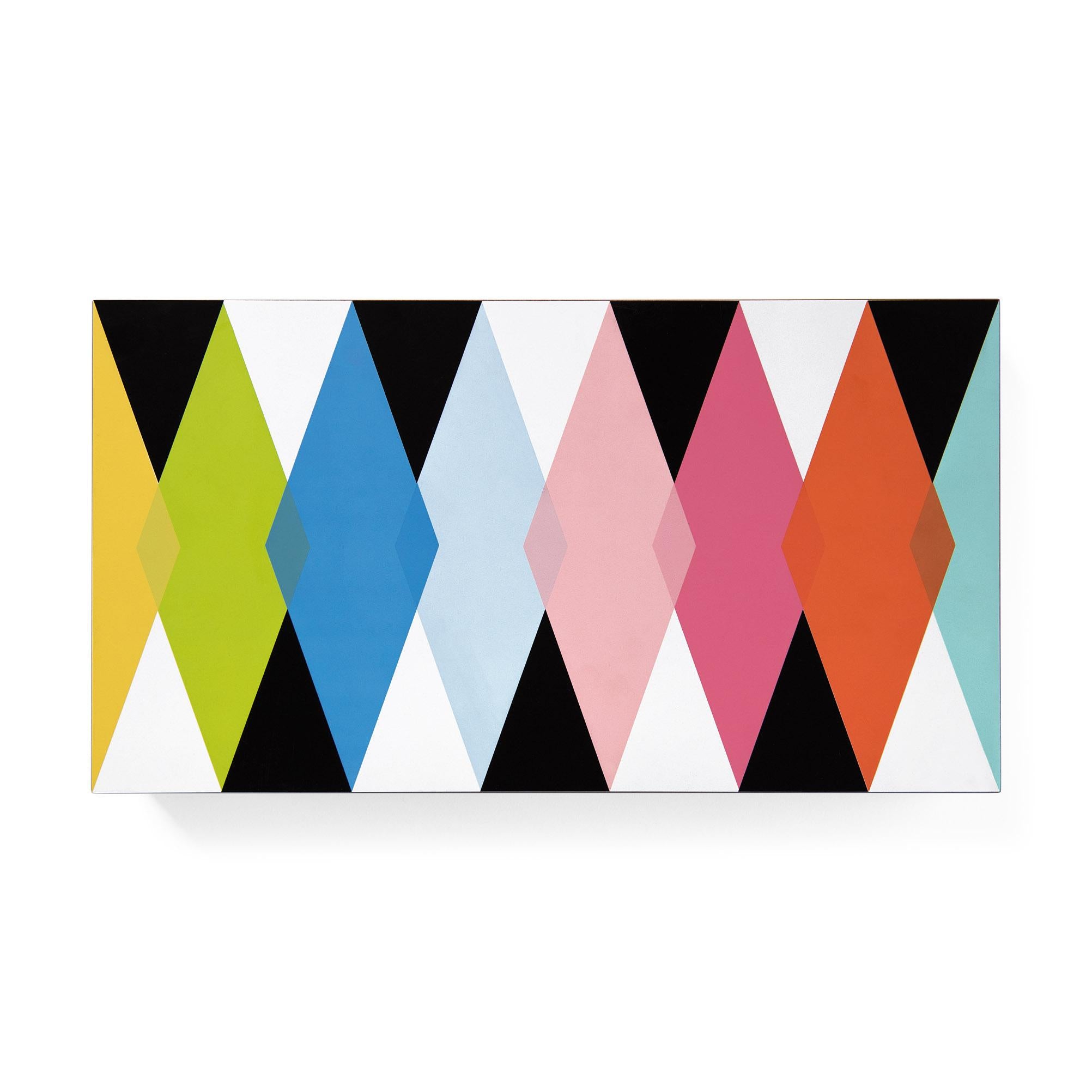 Top view of the colorful MoMA Backgammon set closed on a white background