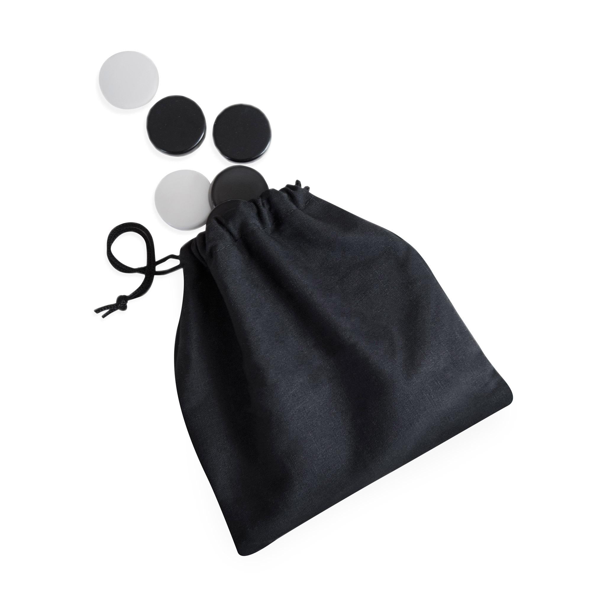 Image of the black pouch that holds the backgammon chips on a white background