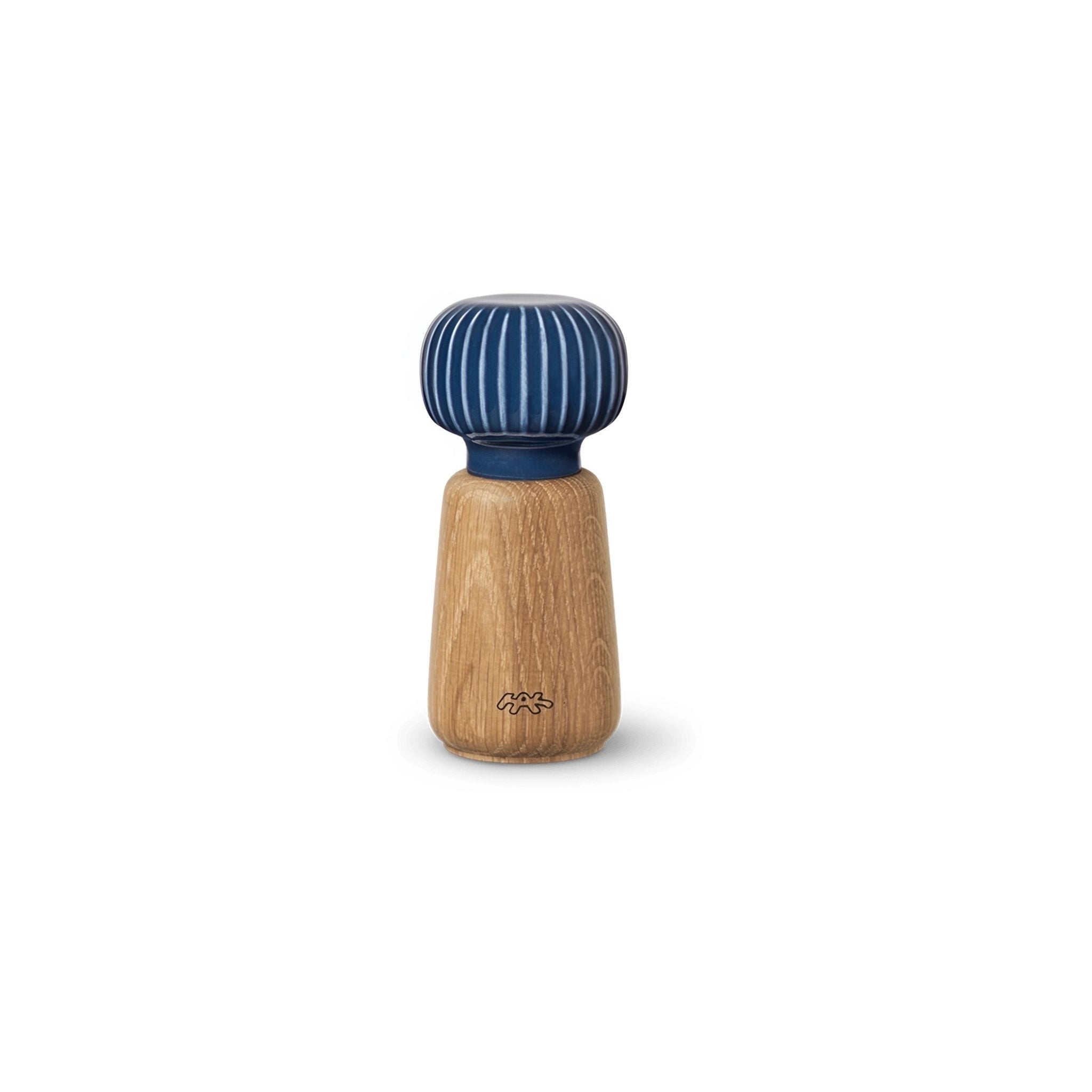 Wooden pepper grinder with blue striped top on a white background