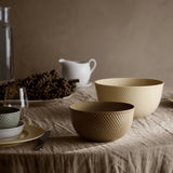 Two woven ceramic bowls on a textured surface with a neutral background