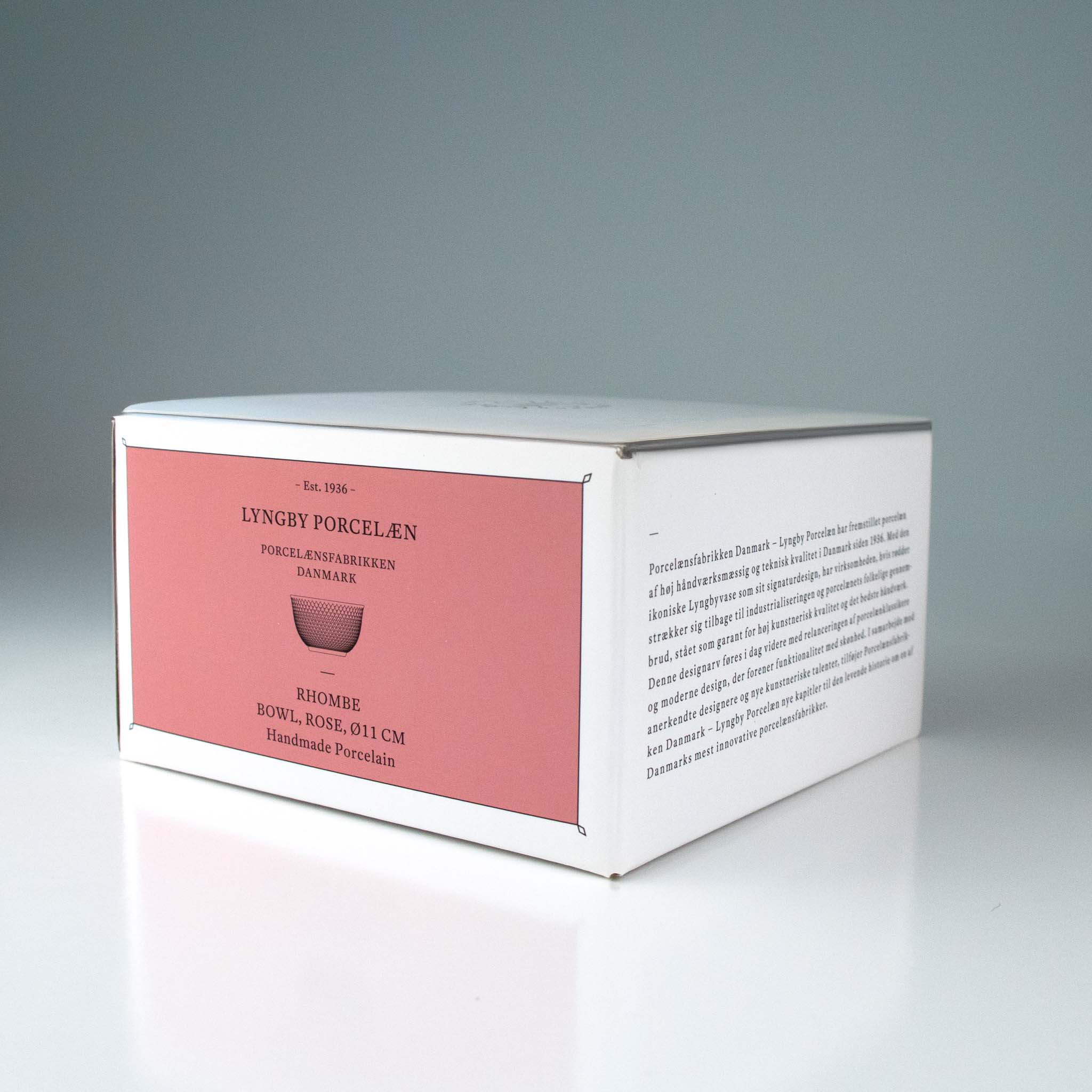 Packaging box for the Lyngby Porcelain Rhombe Rose Bowl on a grey/white background