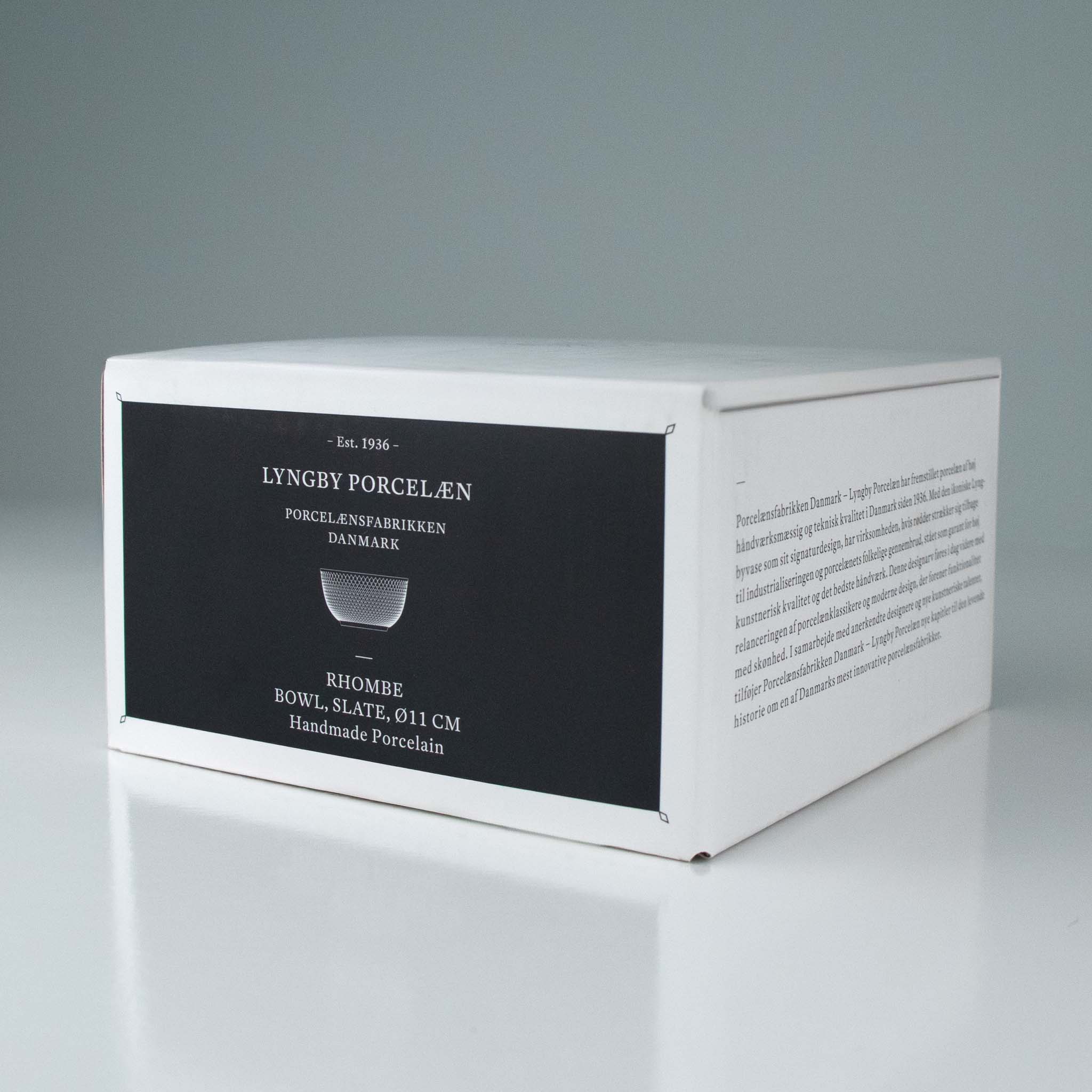 White box with black label featuring Lyngby Porcelæn branding on a gray background