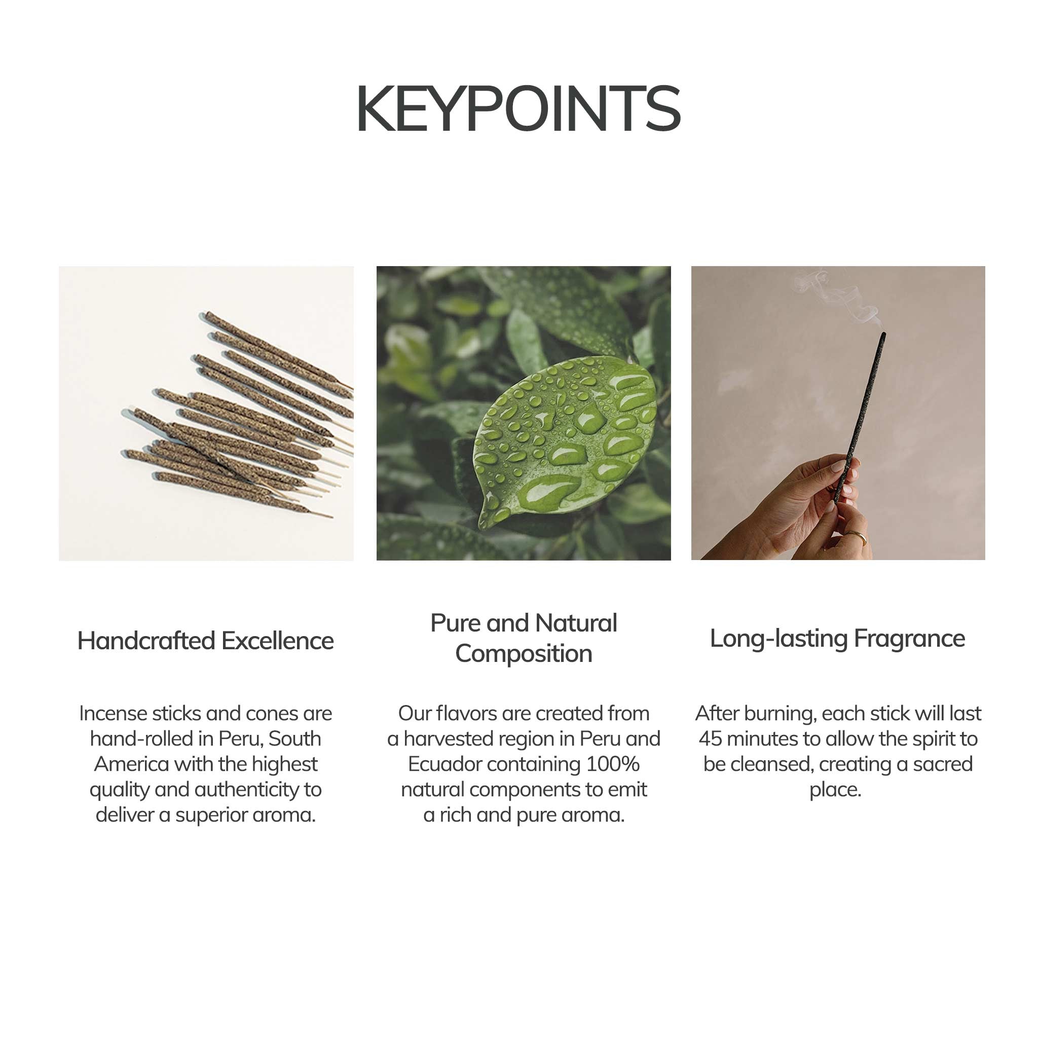 Promotional graphic for incense sticks and cones with text about handcrafted excellence, pure natural composition, and long-lasting fragrance.