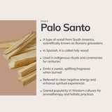 Palo Santo sticks on a beige background with text about Palo Santo.