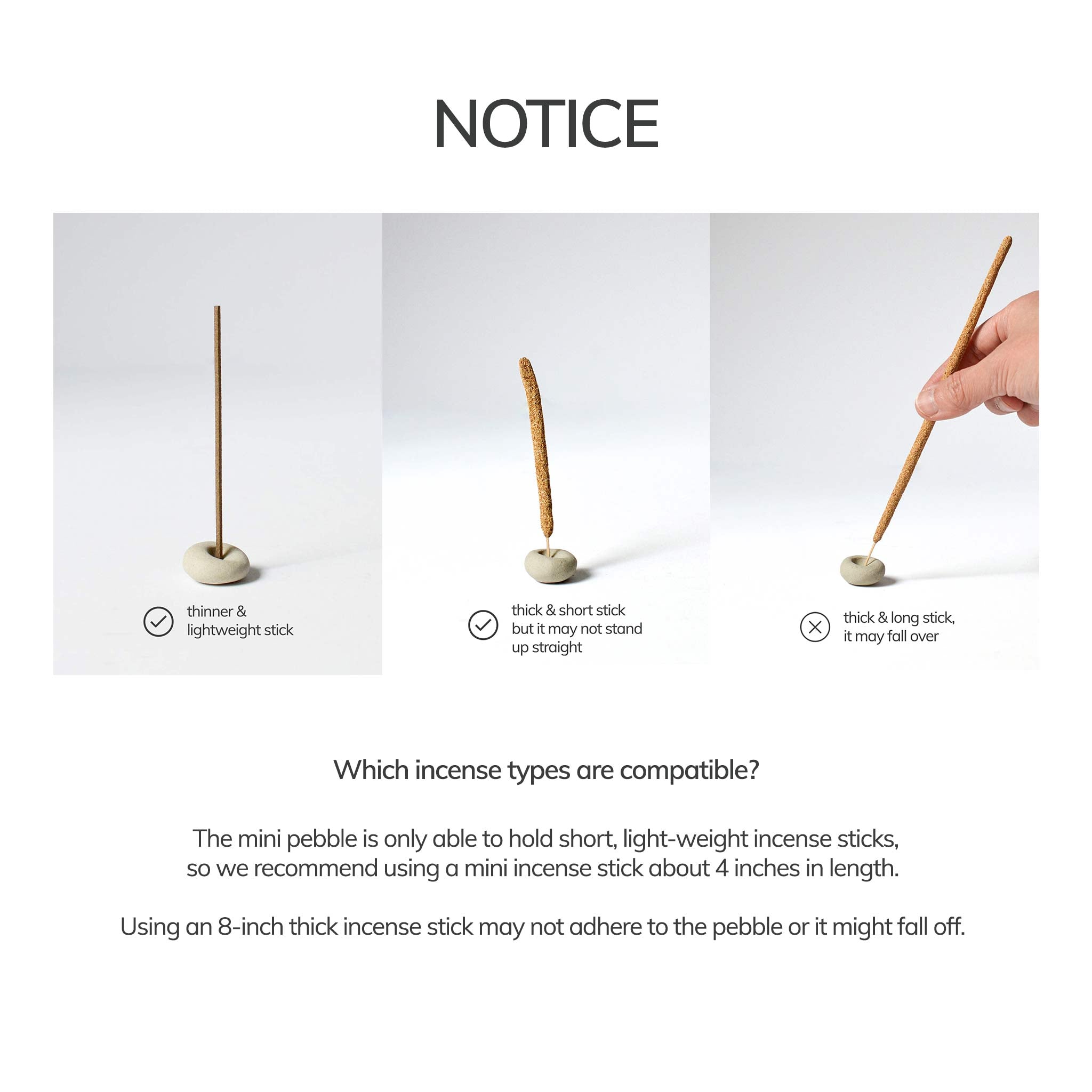 Instructions on using a mini pebble incense holder with different types of incense sticks.