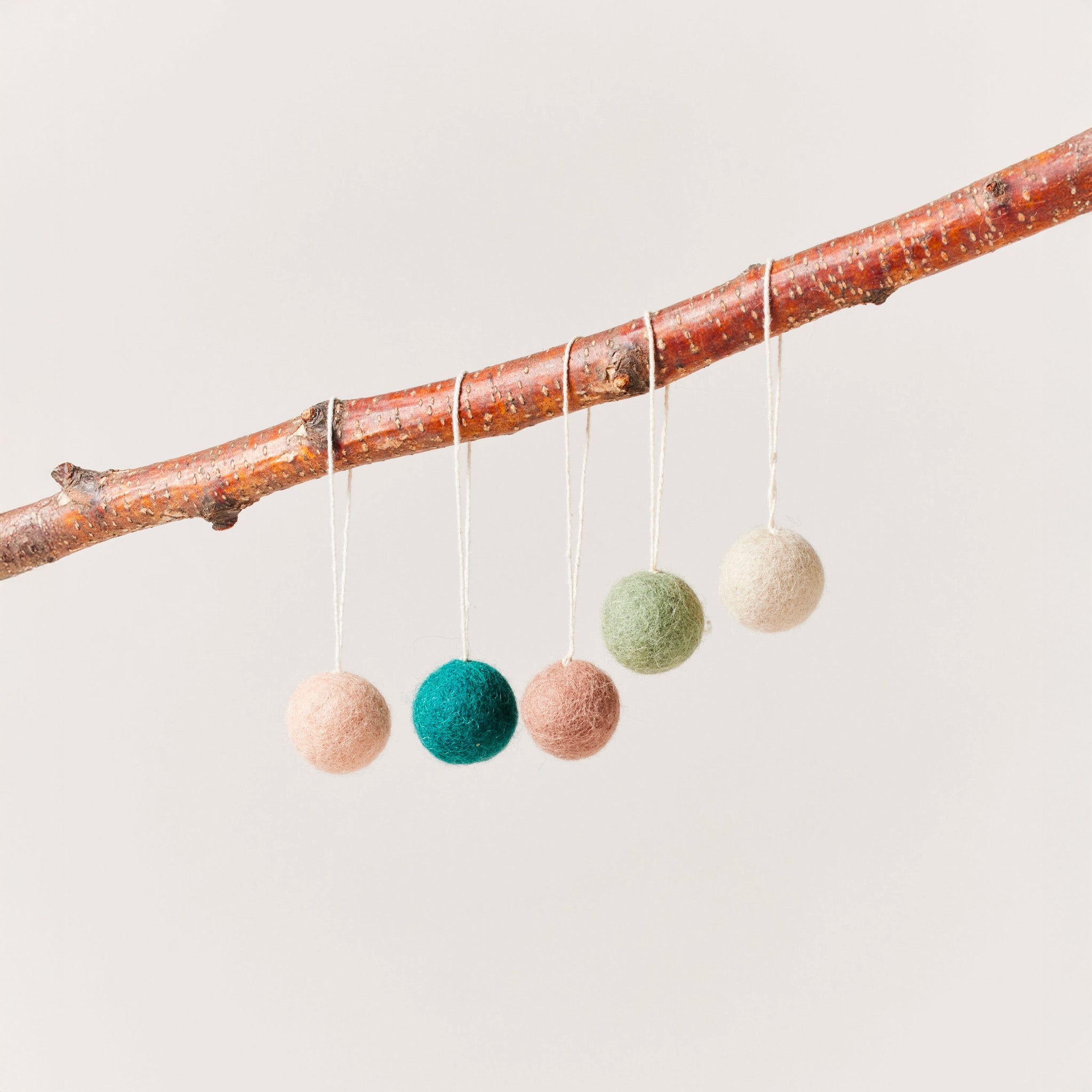 Five small felted wool baubles in soft tones of blush, teal, brown, sage, and cream hang from a natural tree branch by white string, creating a simple, minimalist holiday display against a light neutral background.