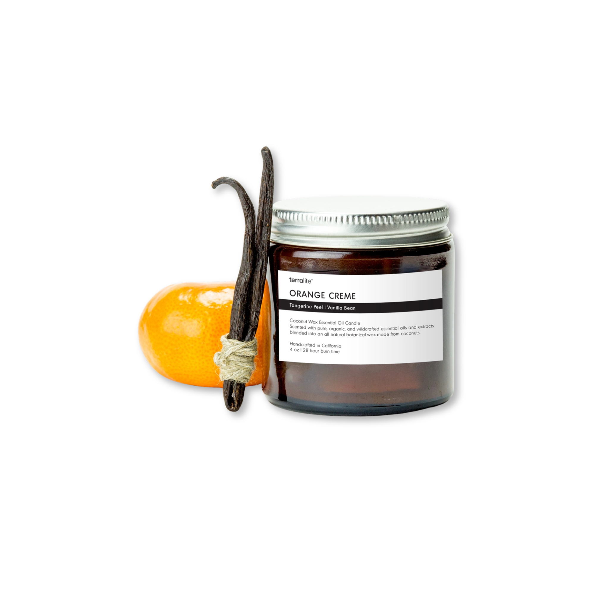 Terralite jar of 'Orange Creme' candle with vanilla bean and orange on a white background