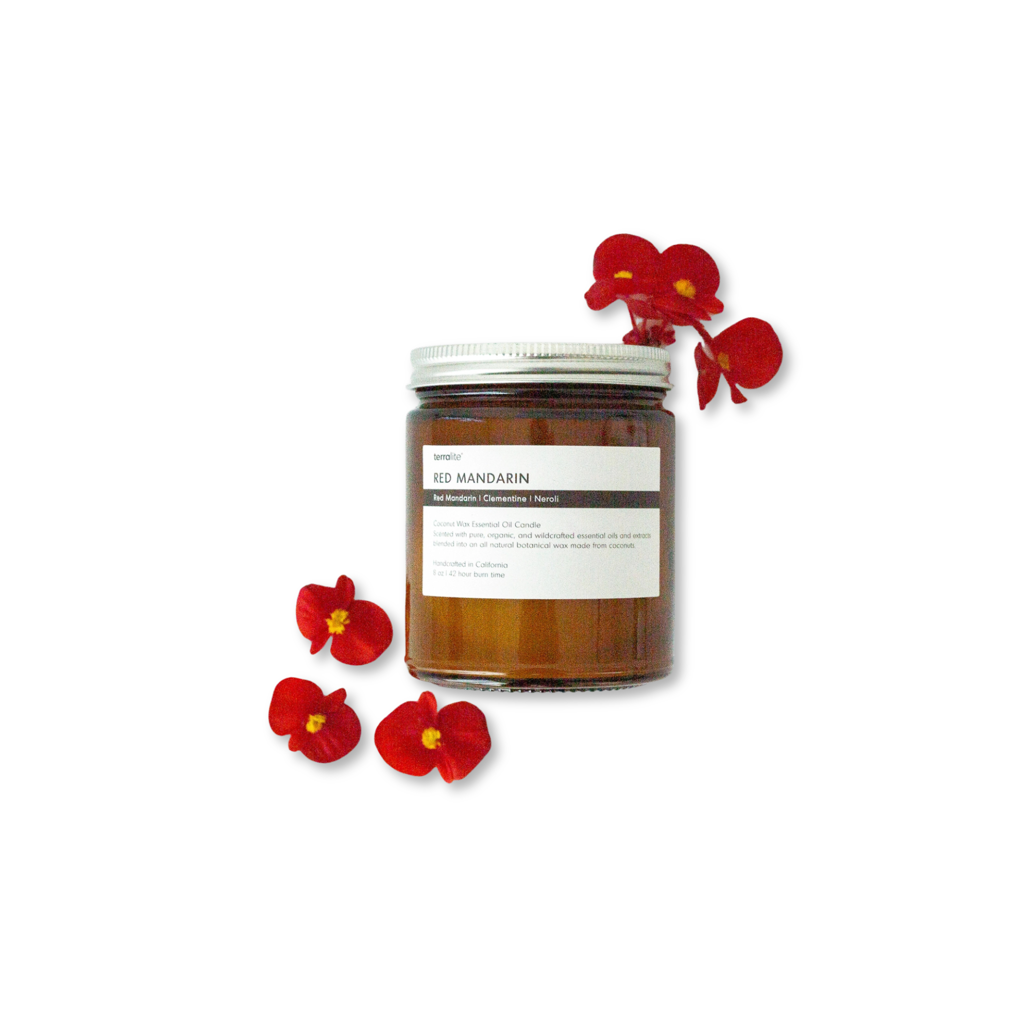 Terralite's jar of red mandarin candle with red flowers on a white background