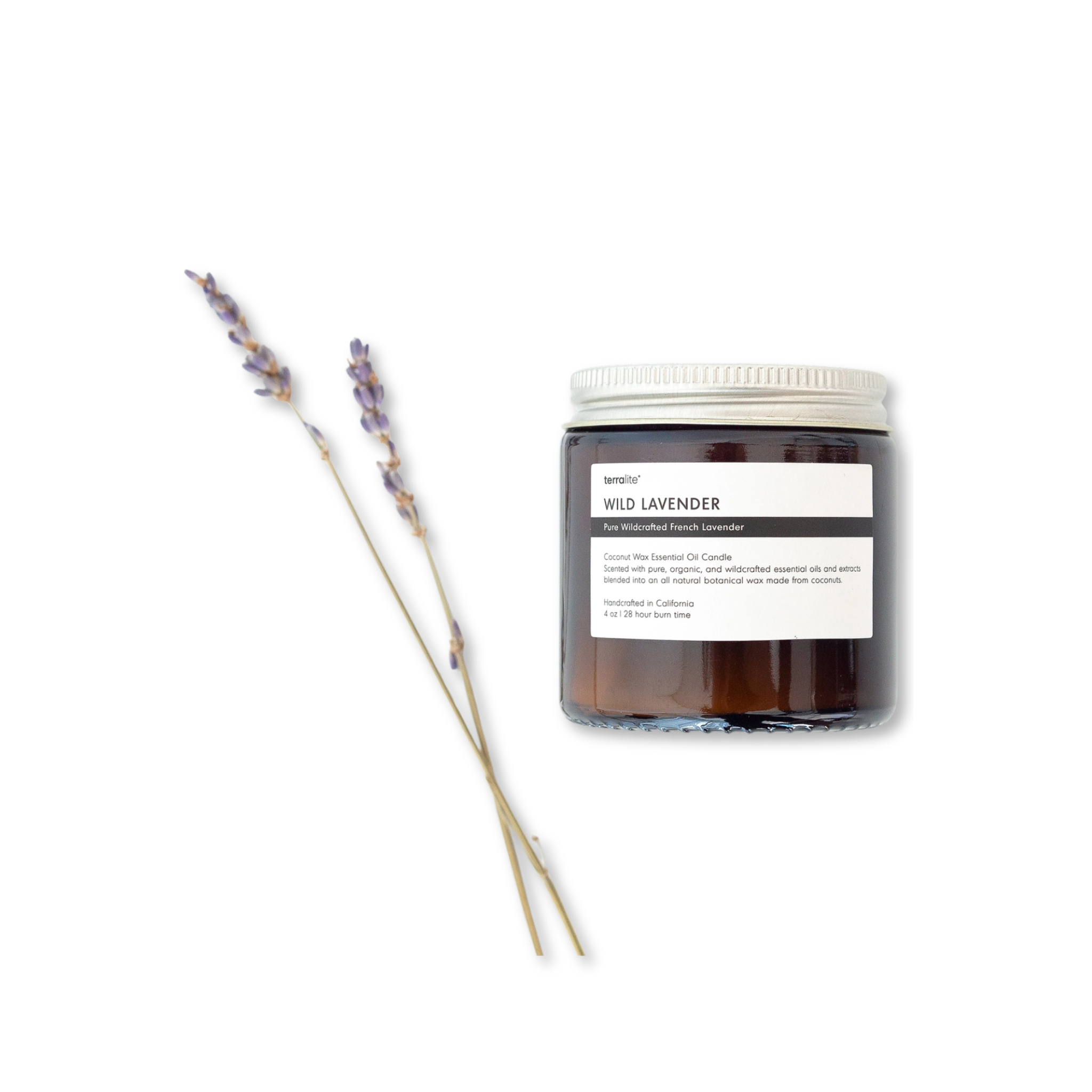 Terralite candle jar labeled 'Wild Lavender' with lavender sticks on a white background
