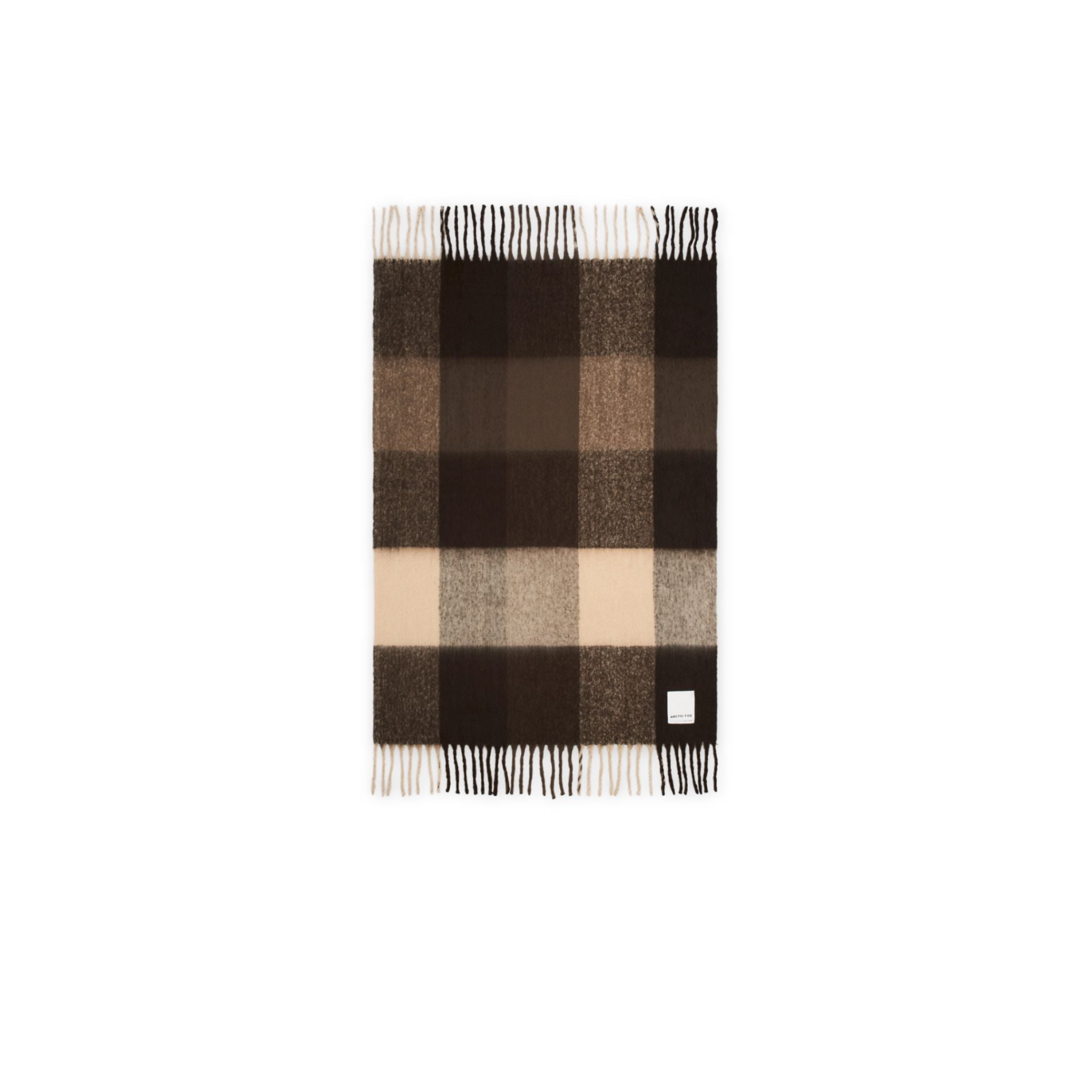 Plaid throw with brown, beige, and white pattern on a white background