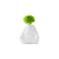 White ceramic vase with a green flower on a white background