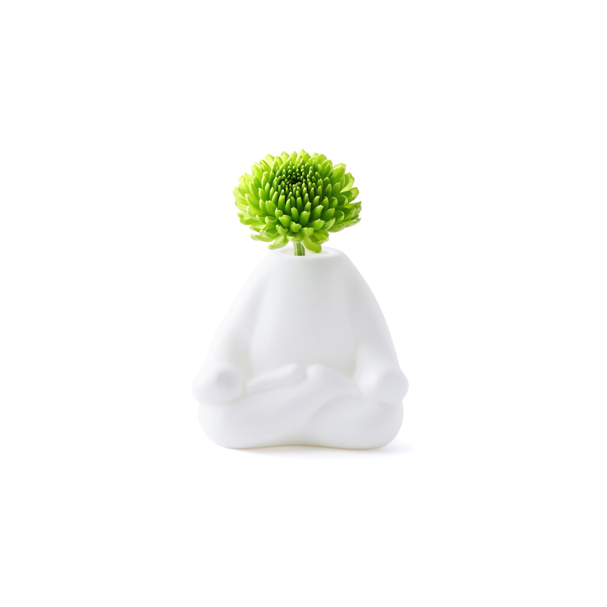 White ceramic vase with a green flower on a white background