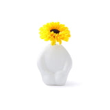 White vase with a yellow flower on a white background