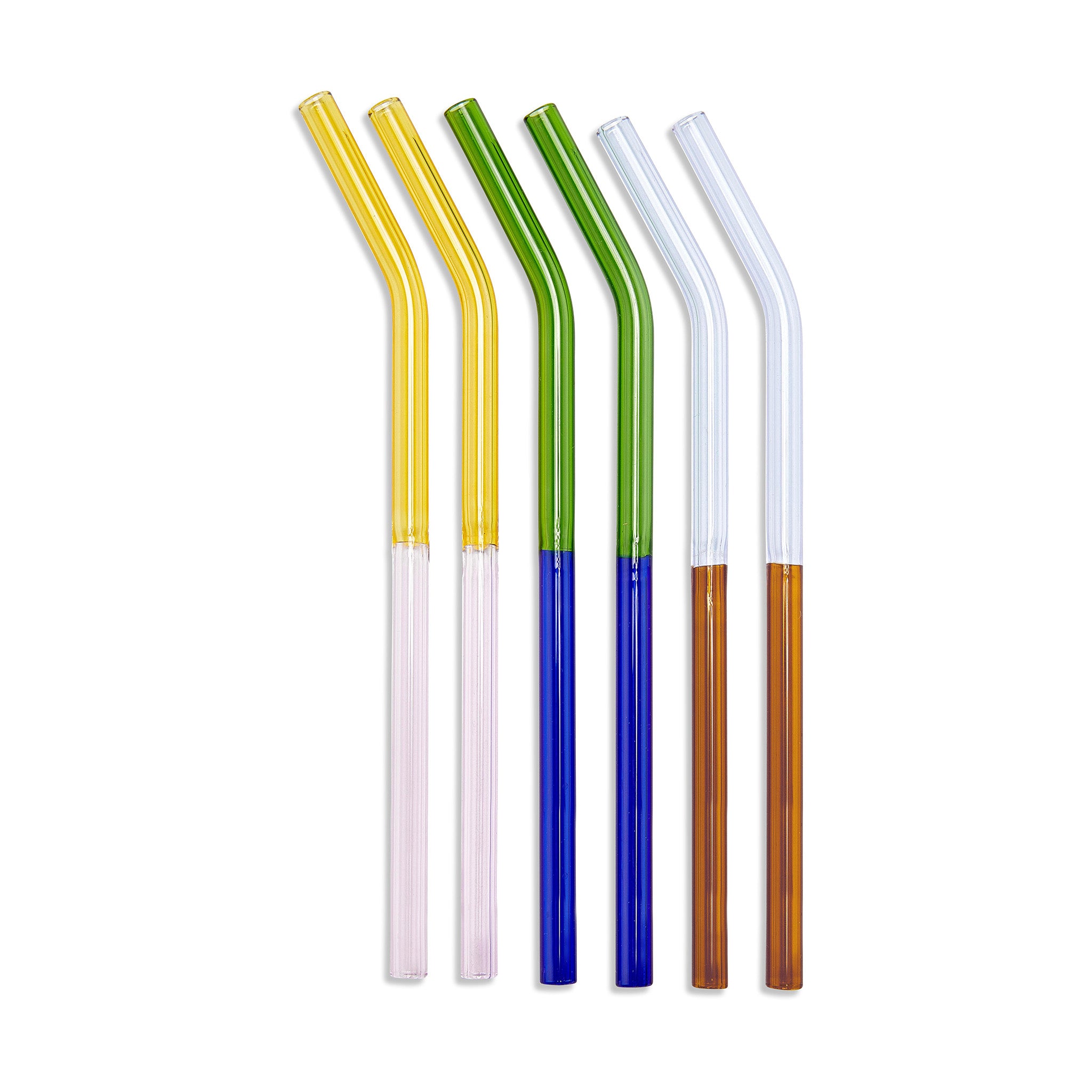 Set of six two-tone borosilicate glass straws in assorted colors (yellow-pink, green-blue, clear-orange) on a white background.
