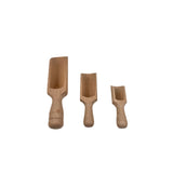 Set of three wooden scoops in varying sizes displayed on a white background.
