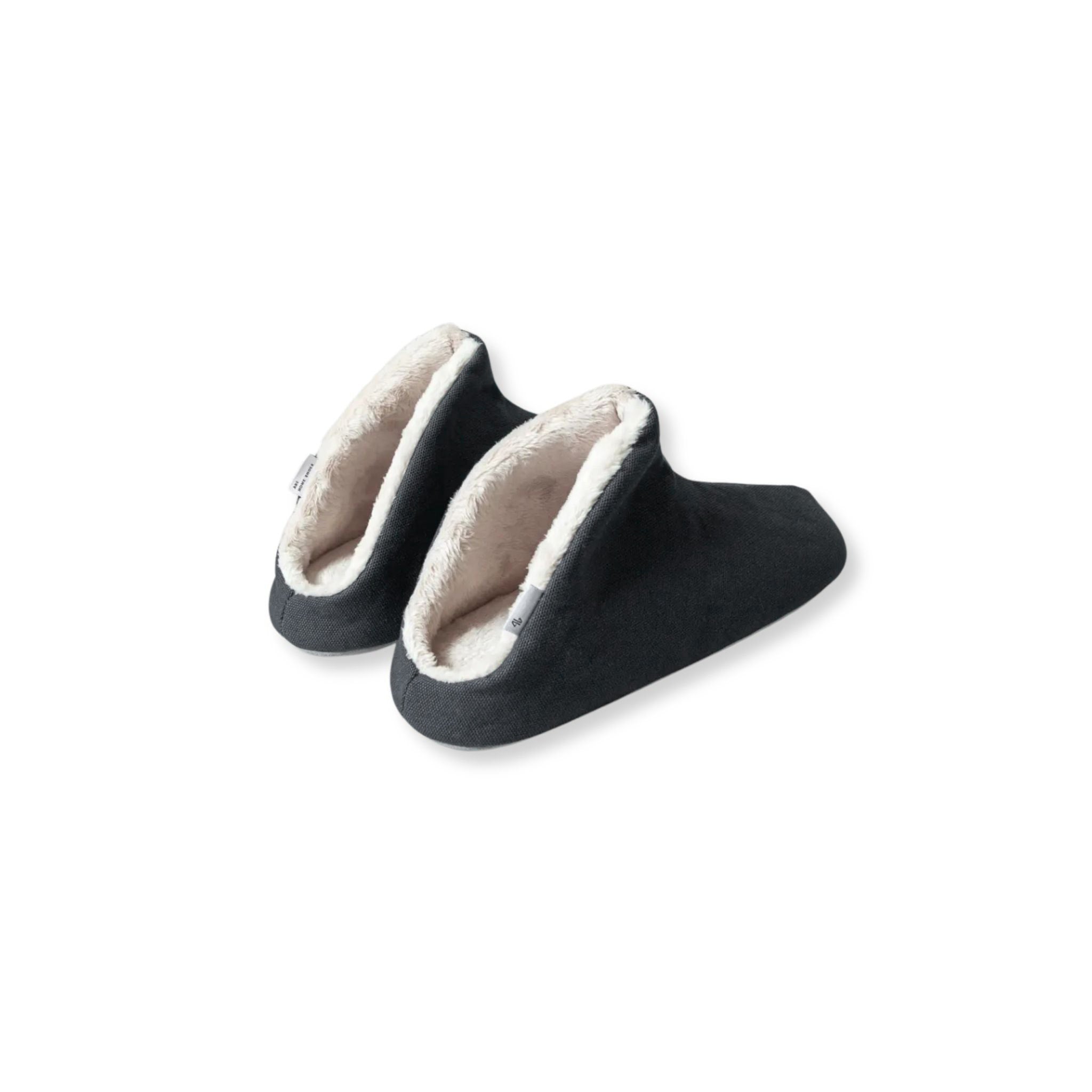 Pair of grey slippers with white lining on a white background