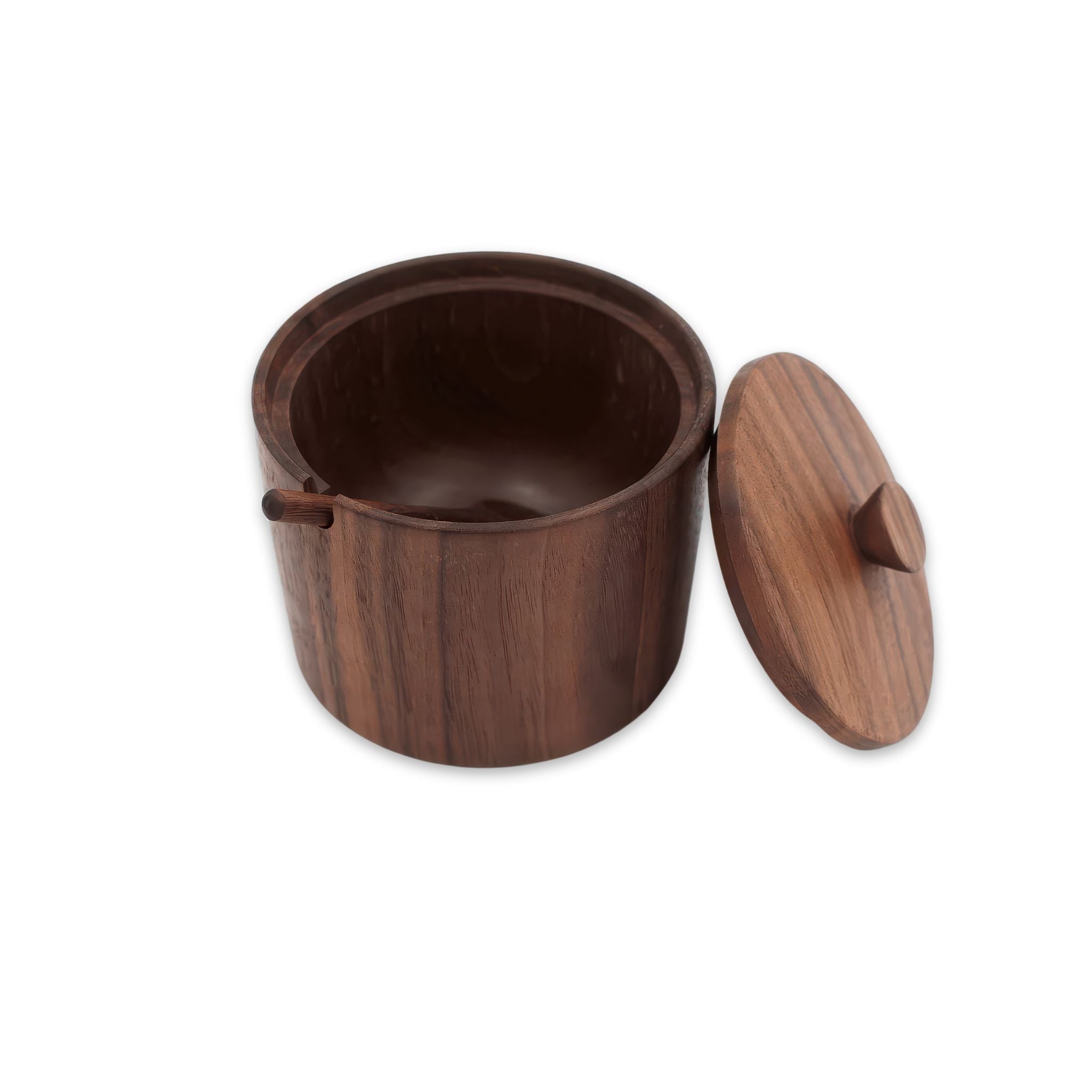 Full image of Walnut Wood Salt Cellar w/ lid open leaning on the cellar