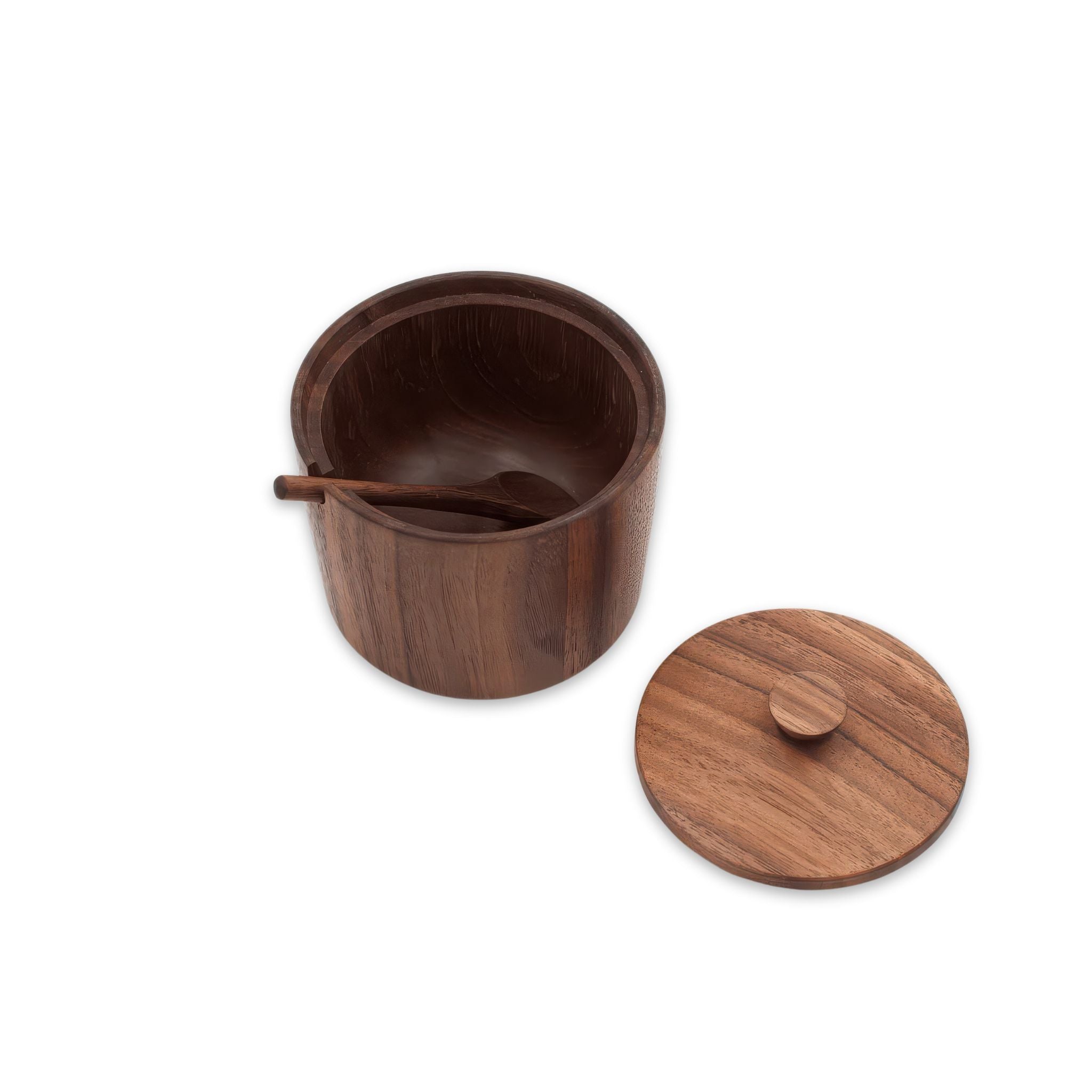 Full image of Walnut Wood Salt Cellar w/ lid opened next to cellar 