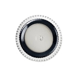 Bottom view of smoked gray glass tumbler showing logo on a white background