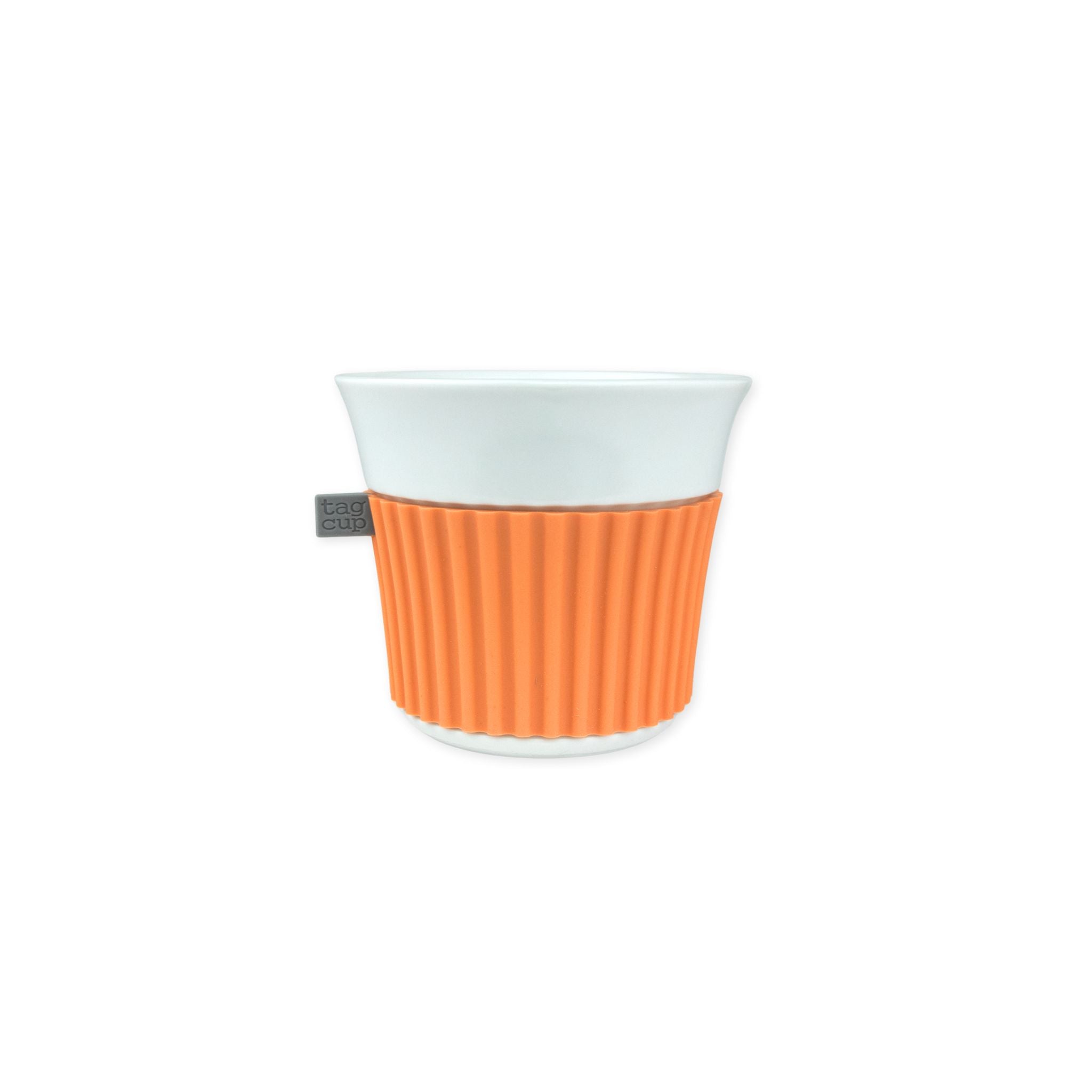 White mug with an orange ribbed pattern on a white background