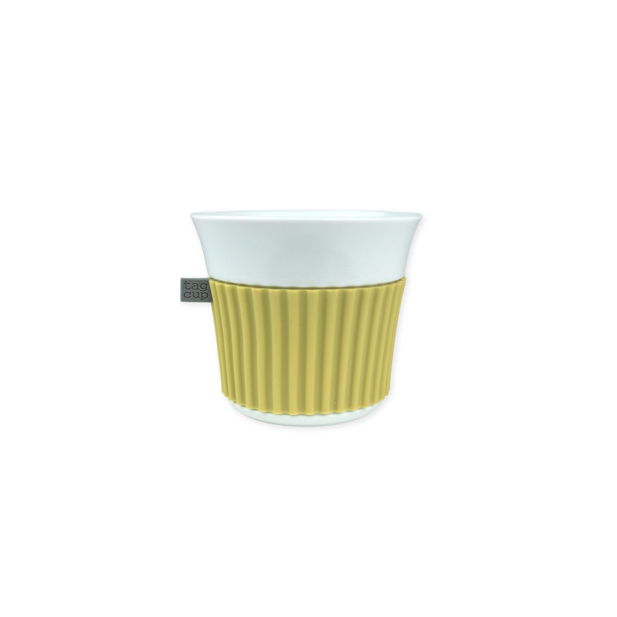 White mug with a green textured sleeve on a white background