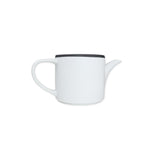 White teapot with black rims on a white background
