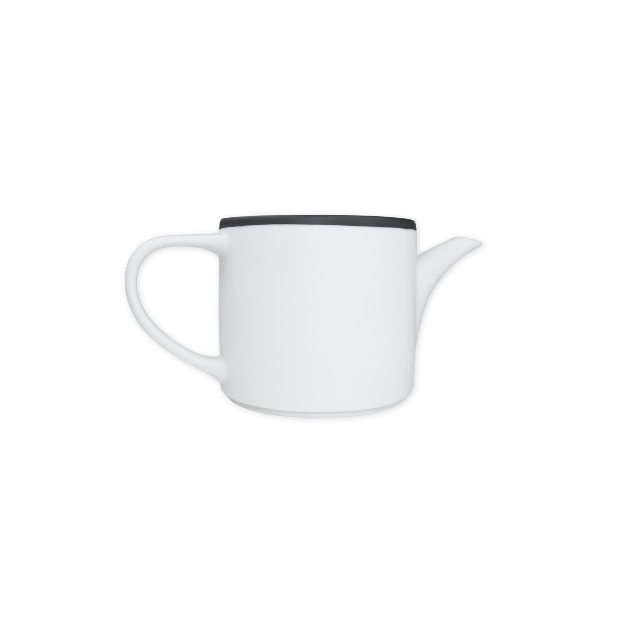 White teapot with black rims on a white background