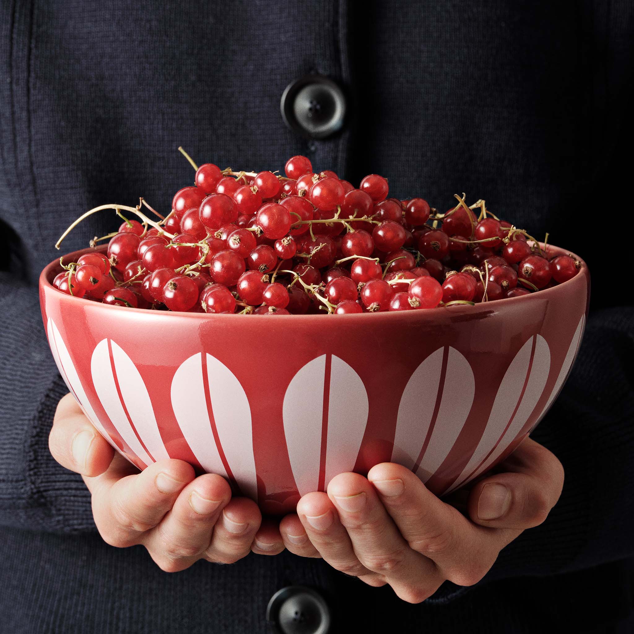 Person holding a red Lucie Kaas Lotus Bowl filled with fresh red currants, showcasing the iconic white lotus pattern.
