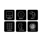 Set of six black square coasters with white artistic illustrations and names of famous artists on a white background.