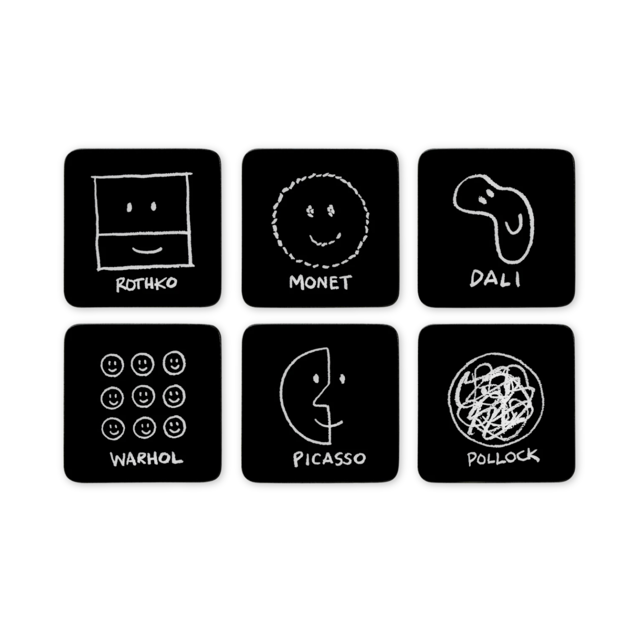 Set of six black square coasters with white artistic illustrations and names of famous artists on a white background.
