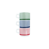 Three porcelain stacking mugs in green, blue, and red geometric prints inspired by MoMA’s Shield and Dot design.