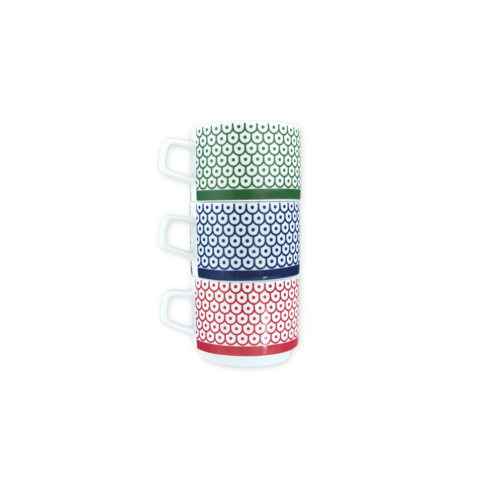 Three porcelain stacking mugs in green, blue, and red geometric prints inspired by MoMA’s Shield and Dot design.