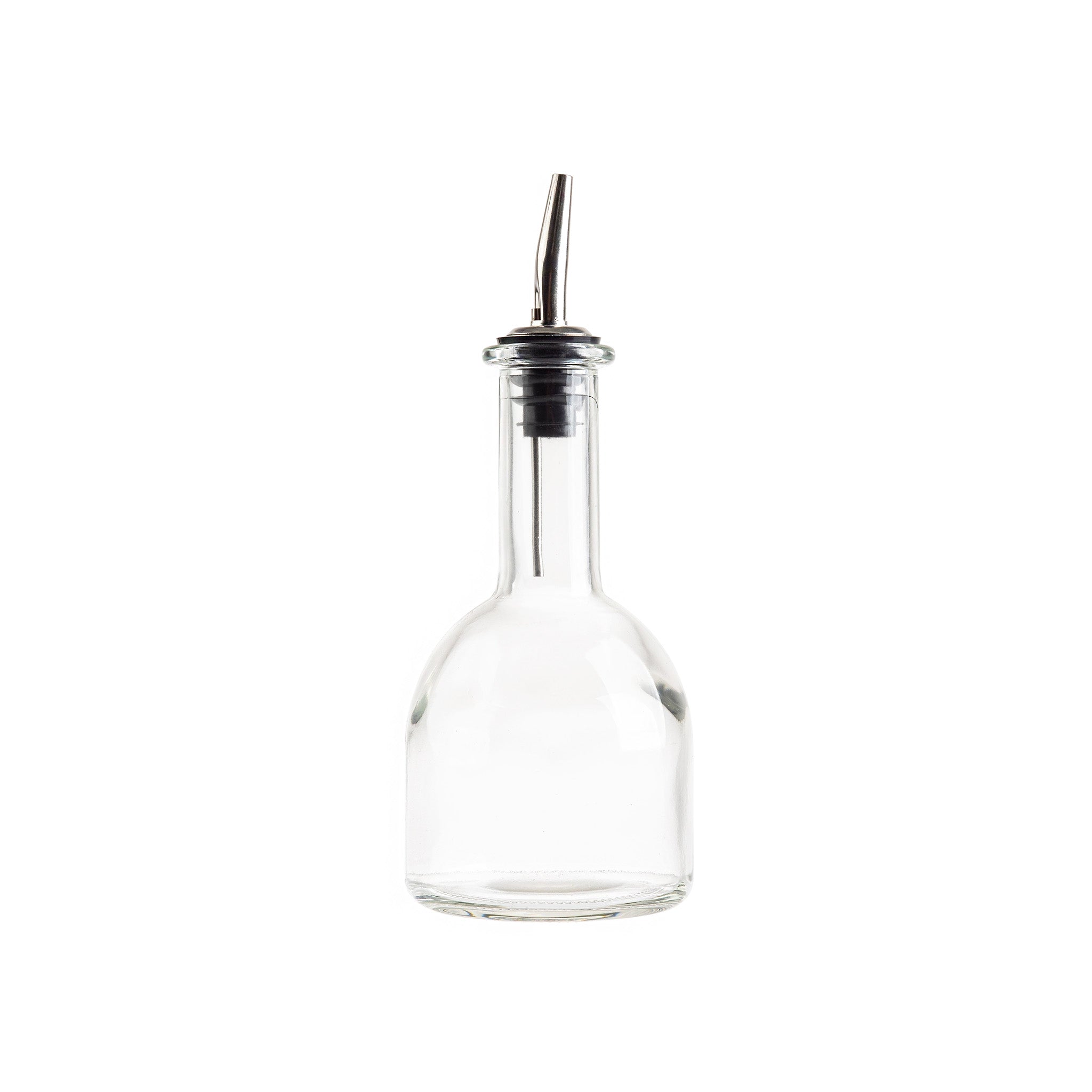 Clear glass bottle with metal nozzle on a white background