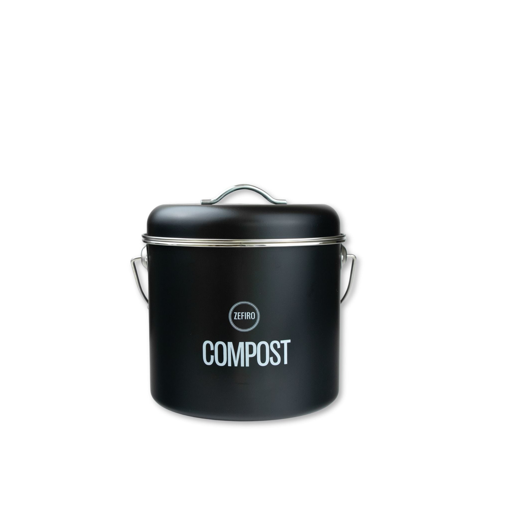Black compost bin with 'Zefiro' branding on a white background