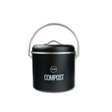 Black compost bin with a handle on a white background