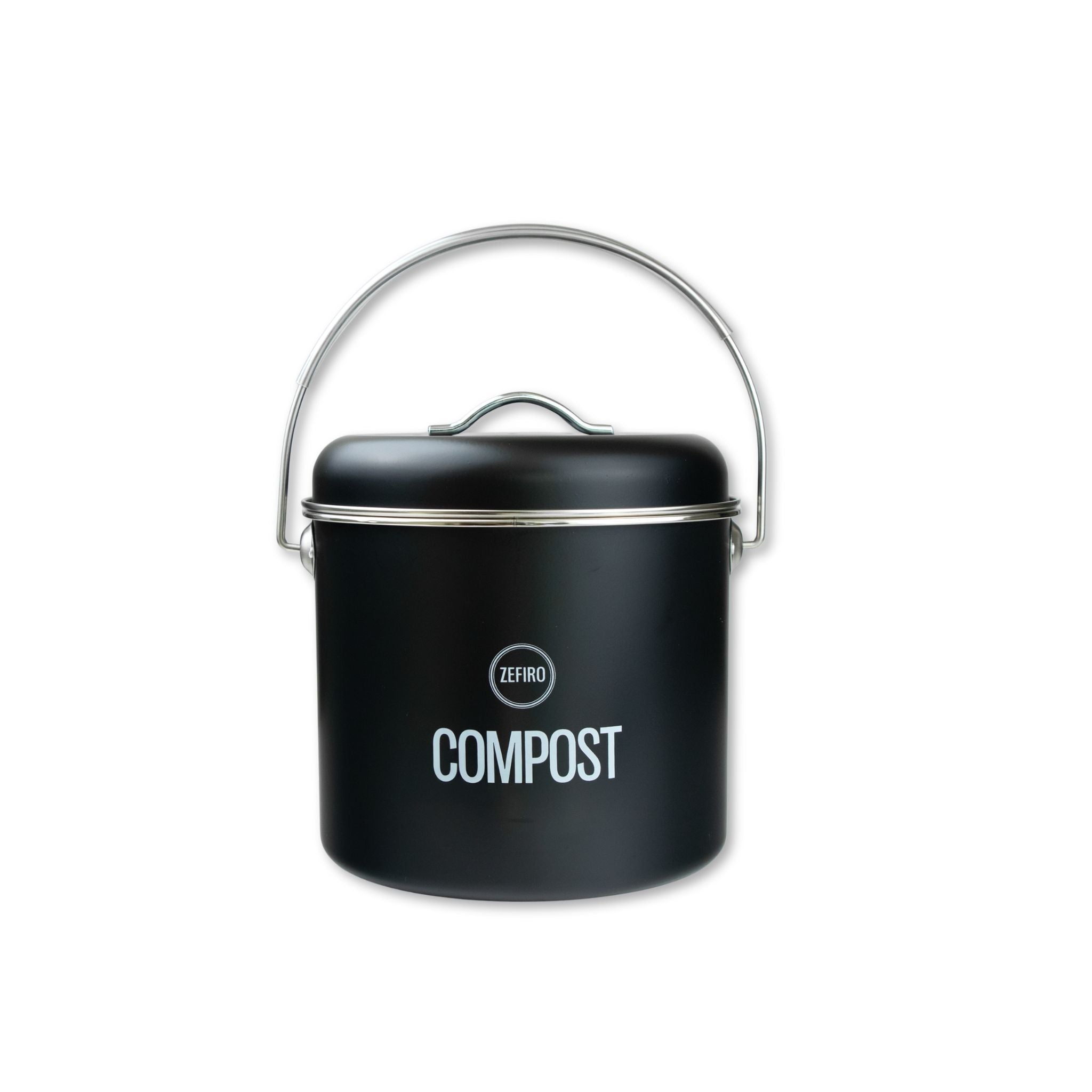 Black compost bin with a handle on a white background