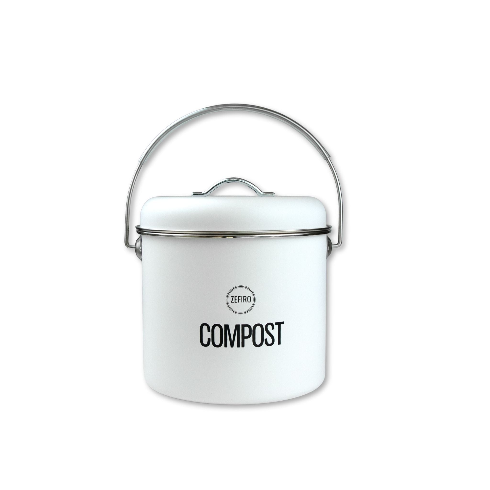 White compost bin with a handle on a white background