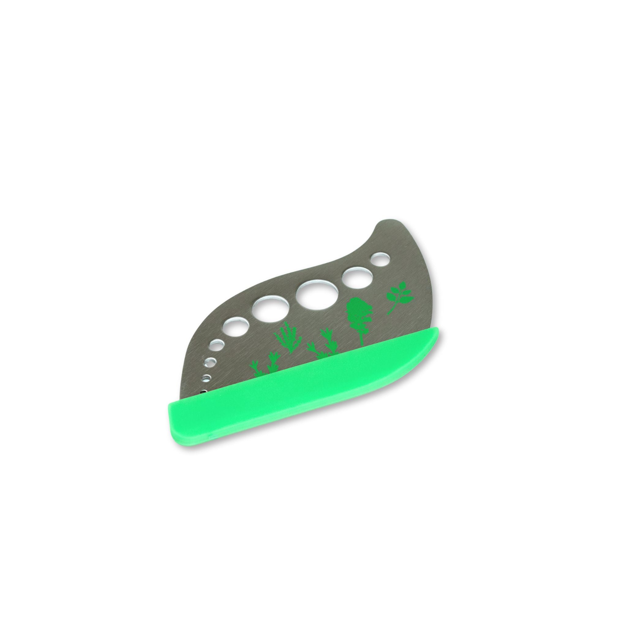 Green and silver herb stripper/cutter on a white background
