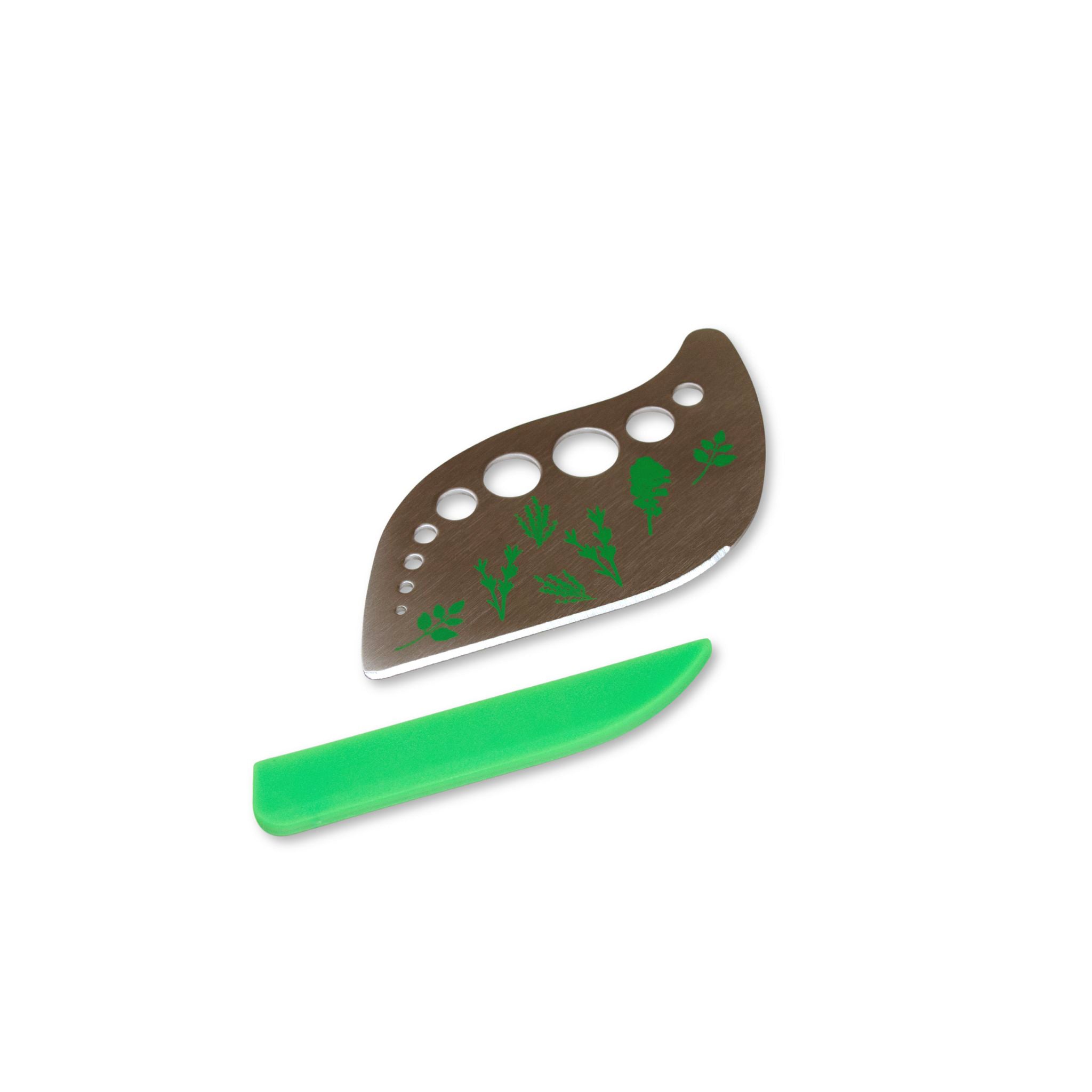 Green and silver herb stripper/cutter on a white background