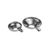 Two stainless steel funnels on a white background