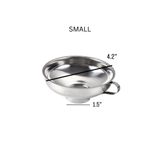 Small stainless steel funnel with dimensions labeled on a white background