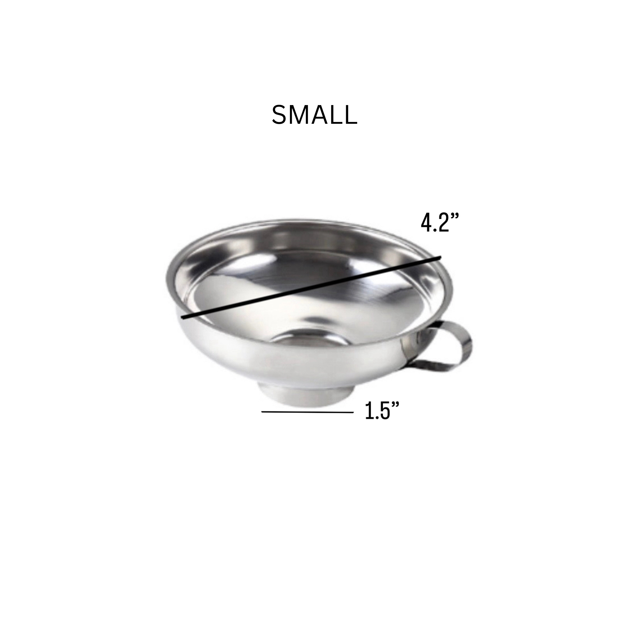 Small stainless steel funnel with dimensions labeled on a white background