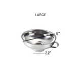 Large stainless steel funnel with measurements on a white background