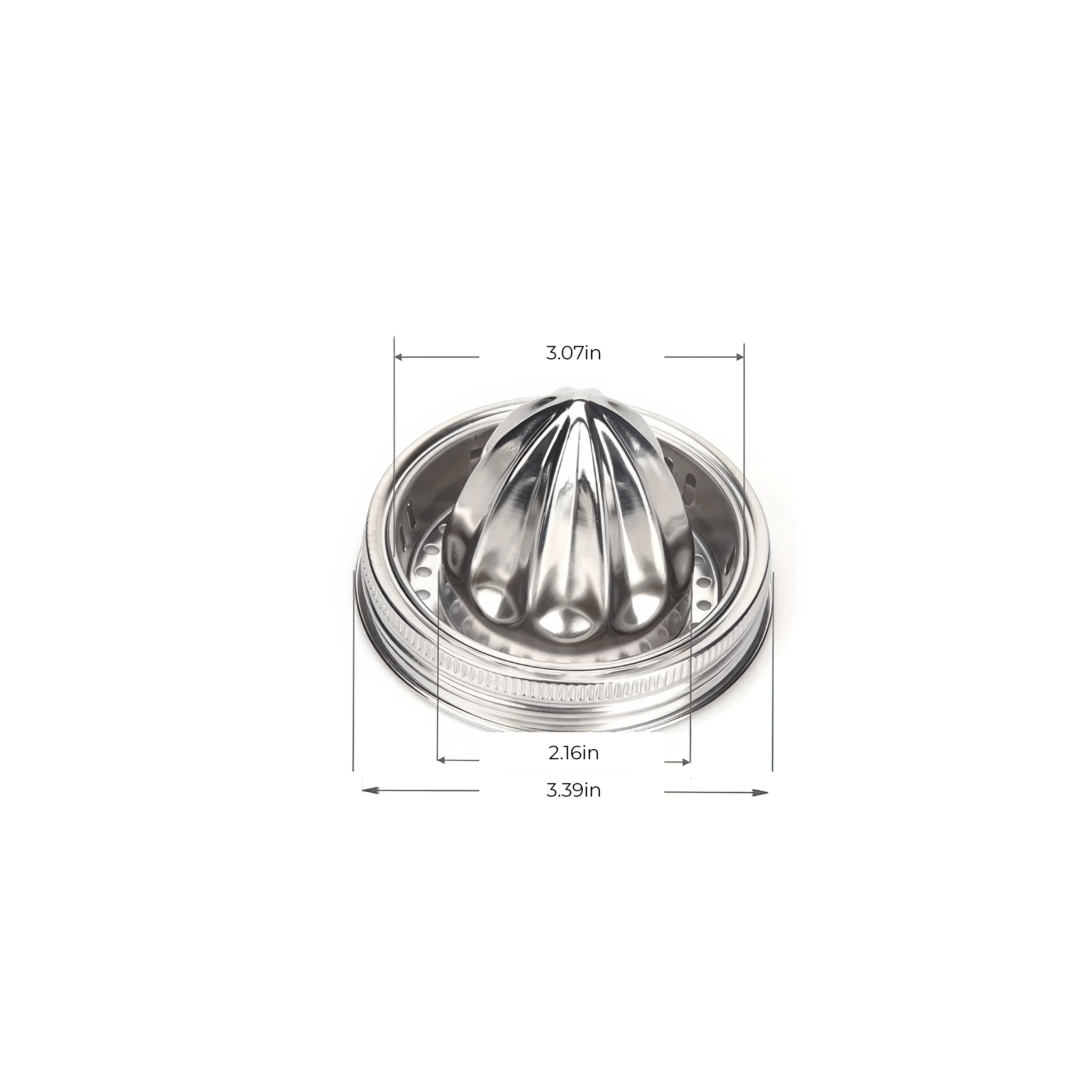 Stainless steel juicer with dimensions labeled on a white background