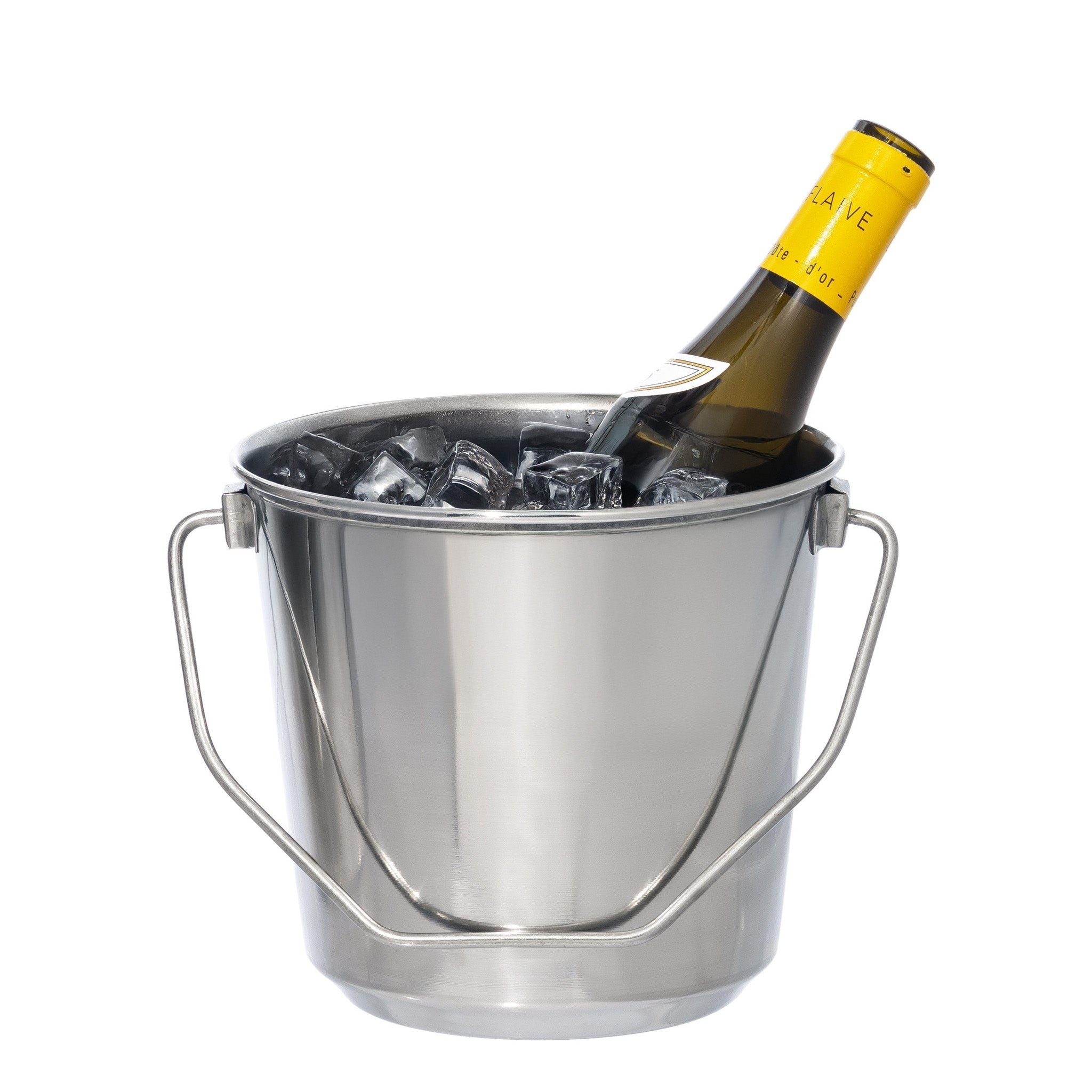 PUEBCO Stainless Steel Ice Bucket filled w/ ice cubes, chilling a bottle of wine