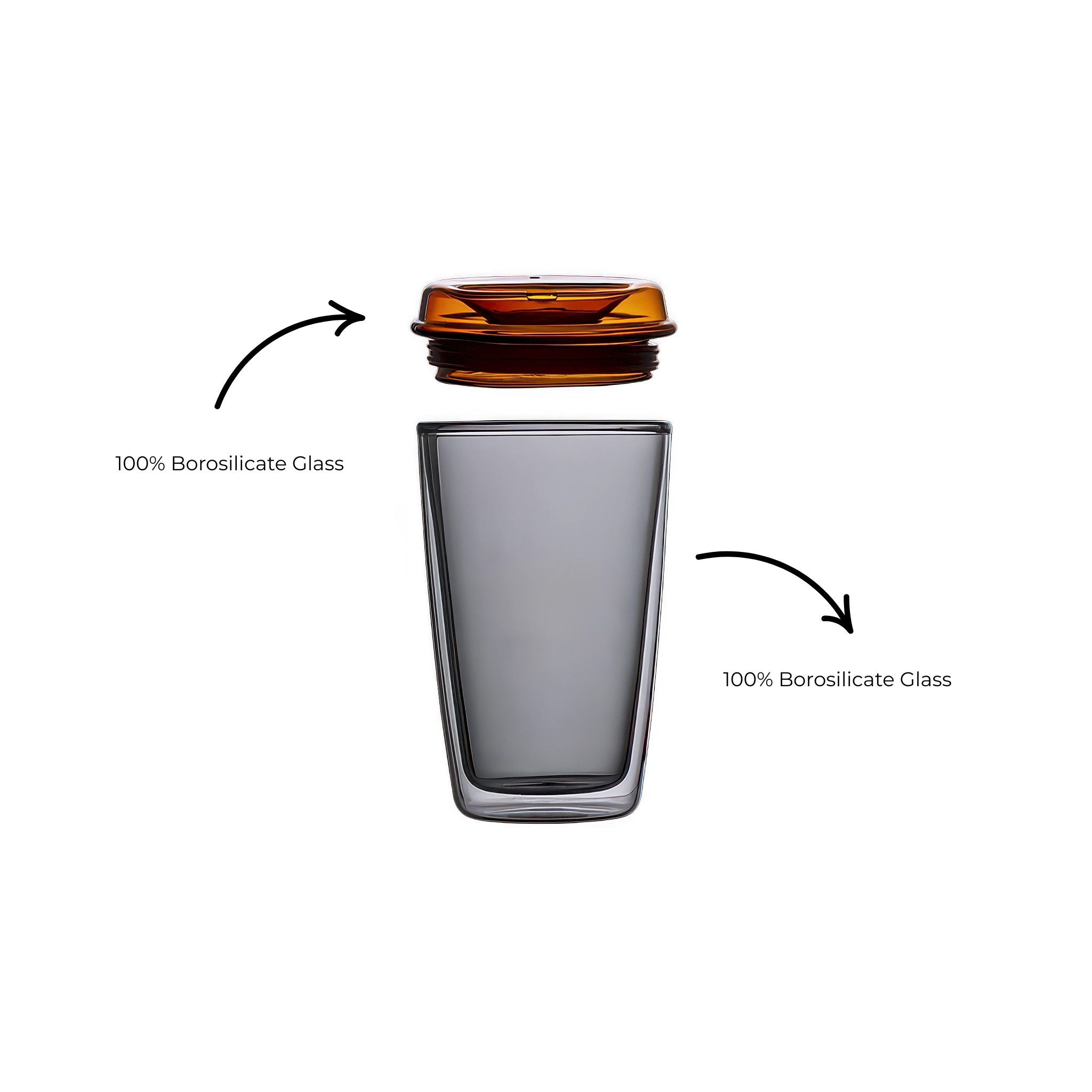 Full front view of MAHO Sensory's Cuddle Cup Eye of the Tiger with lid top open and text to inform that both lid and cup are made of 100% borosilicate glass