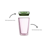 Full front view of MAHO Sensory's Cuddle Cup Watermelon with lid top open and text to inform that both lid and cup are made of 100% borosilicate glass