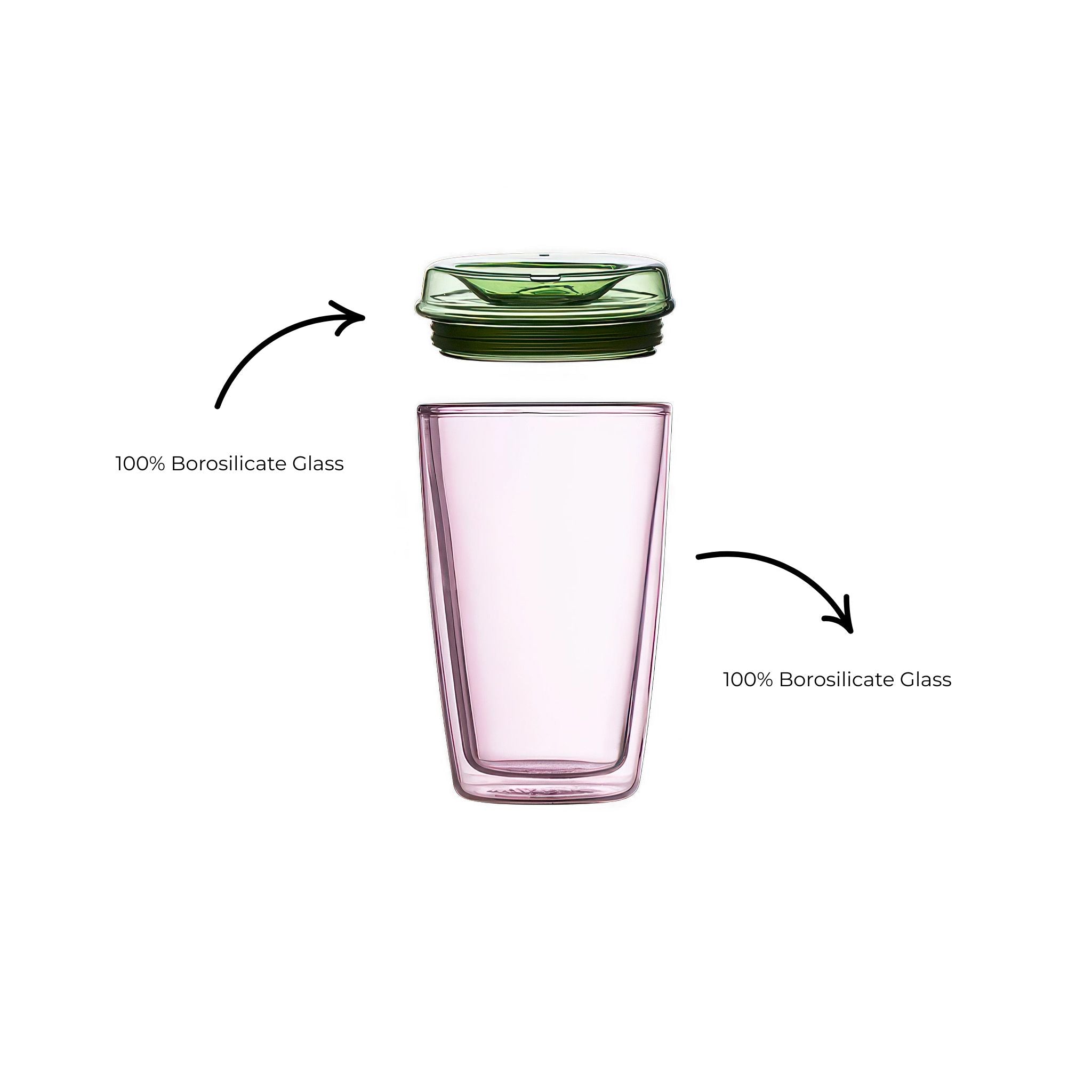 Full front view of MAHO Sensory's Cuddle Cup Watermelon with lid top open and text to inform that both lid and cup are made of 100% borosilicate glass